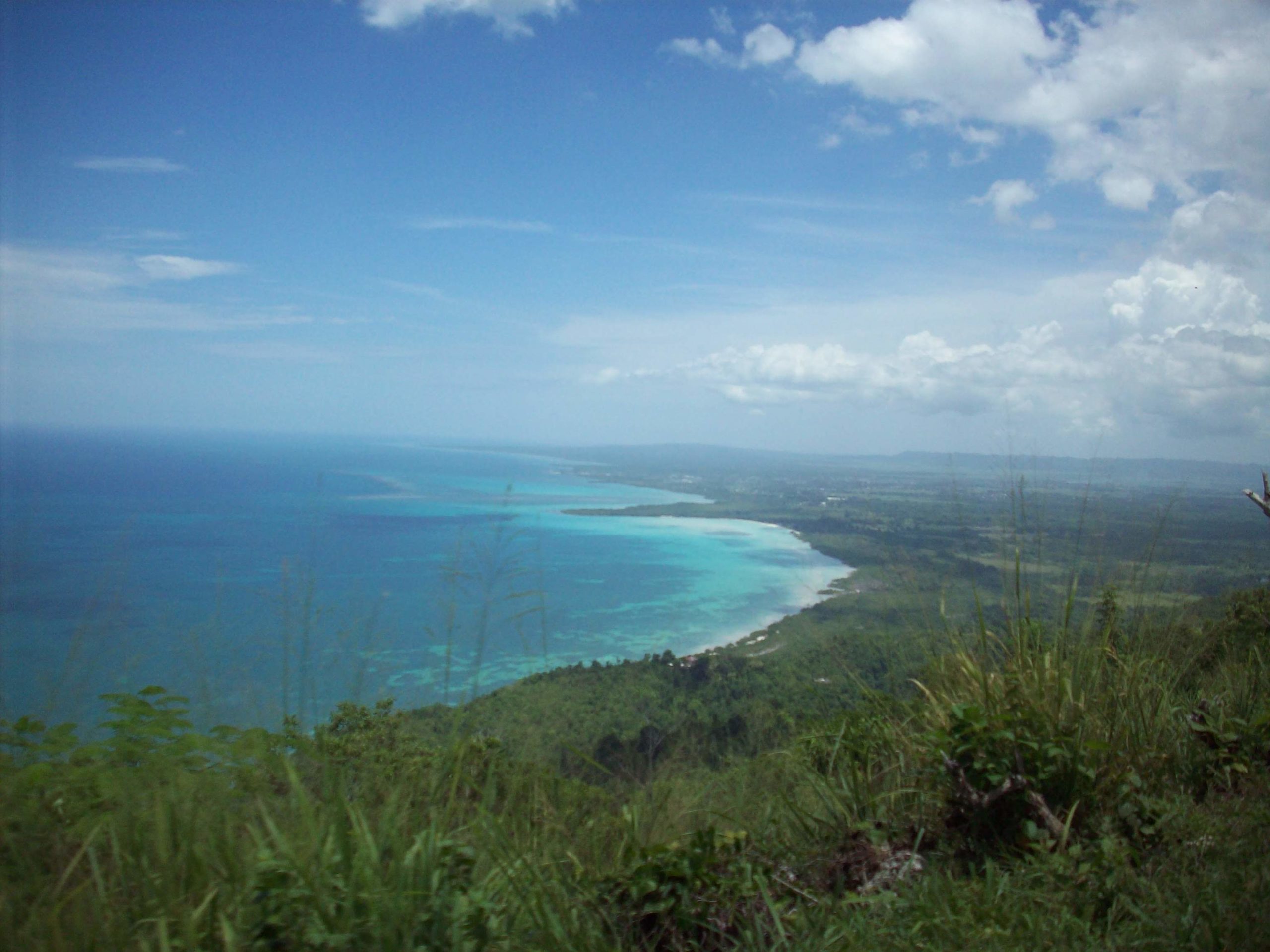 A beautiful panoramic mountain view of where the ocean meets the green shore.